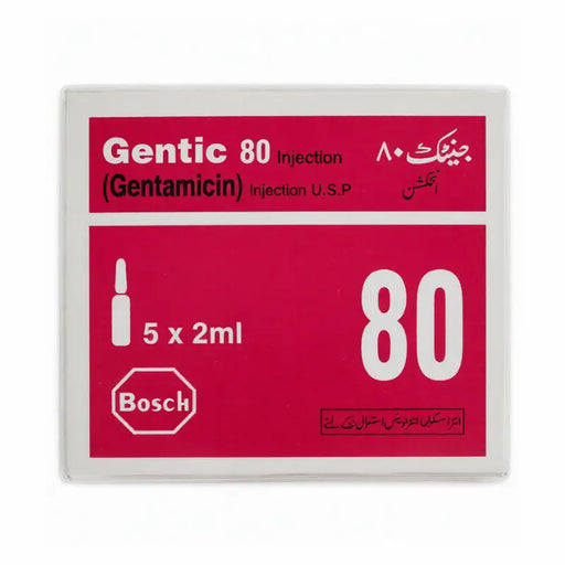 Gentic 80 Injection Gentamicin packaging with Bosch logo on a white background