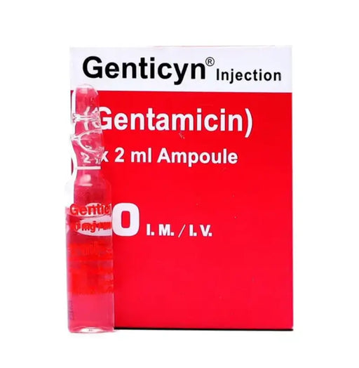 Genticyn Injection Gentamicin packaging with a red ampoule on a white background