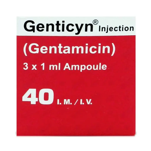 Genticyn Injection packaging for Gentamicin on a red background