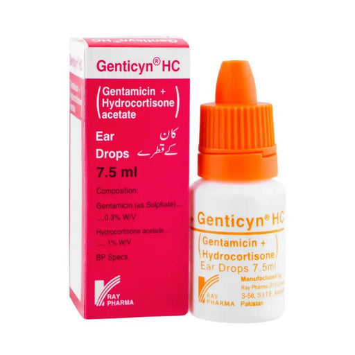 Genticyn HC ear drops packaging with pink box and white bottle on a white background