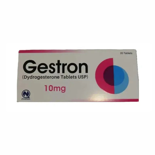 Box of Gestron 10mg tablets on a white background