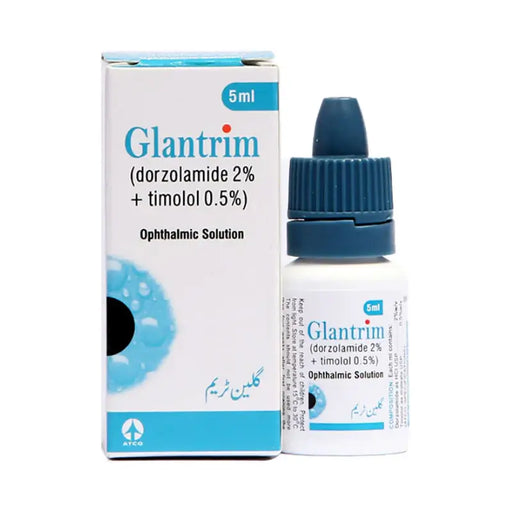 Glantrim ophthalmic solution bottle and packaging on a white background