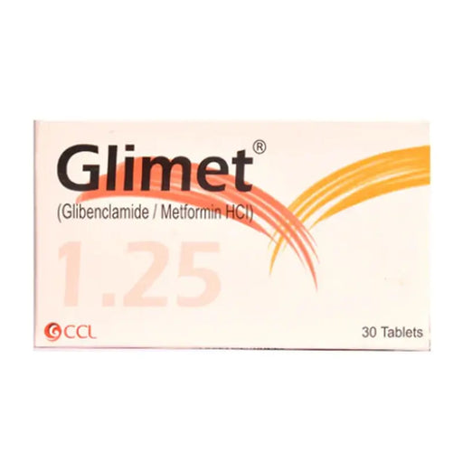 Box of Glimet tablets with dosage information on a white background