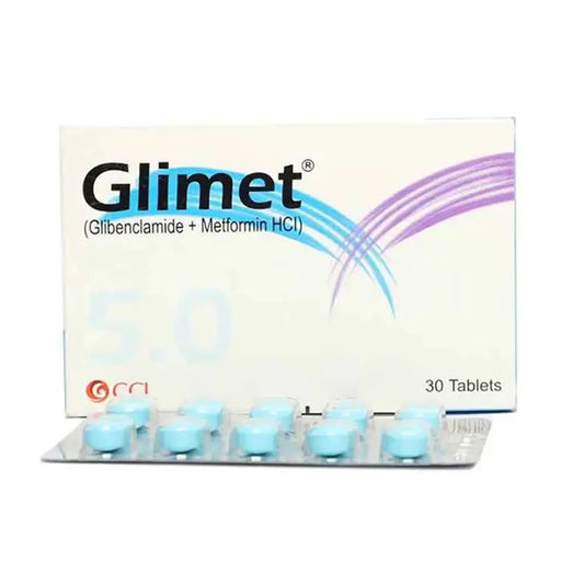 Glimet medication packaging with blue tablets on a white background