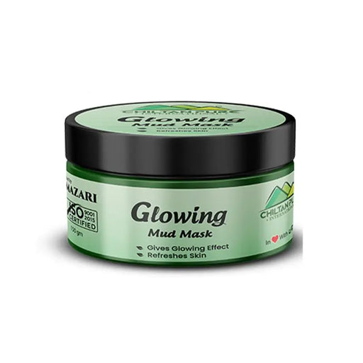 Green jar of 'Glowing Mud Mask' with black lid on a white background
