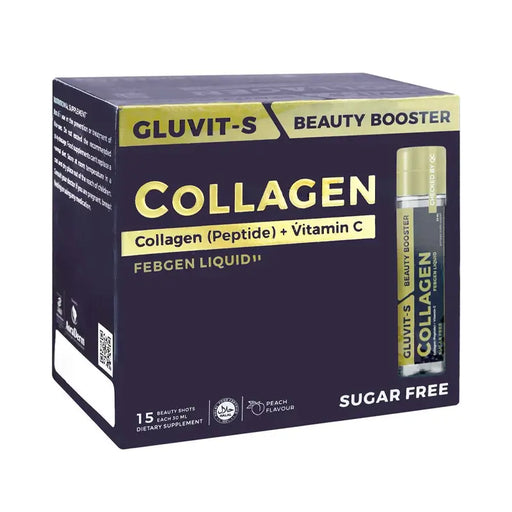 Box of Gluvit-S Collagen Beauty Booster with a supplement bottle on a white background