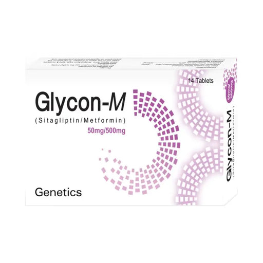 Glycon-M medication packaging with branding and product details on a white background