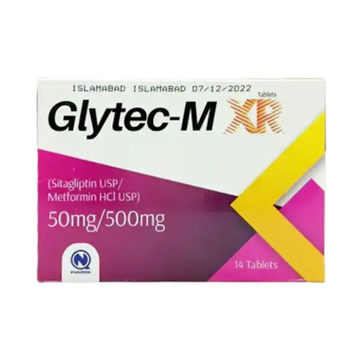 Box of Glytec-M tablets with a pink and white design