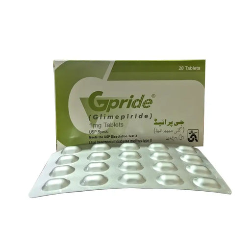 Box of Gpride Glimepiride tablets with a white background