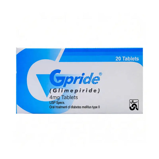 Box of Gpride Glimepiride tablets on a white background