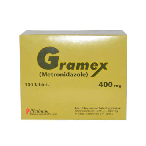 Yellow box of Gramex (Metronidazole) tablets with text on a white background