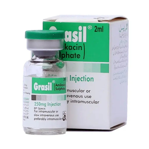 Grasil Amikacin Sulphate injection vial and packaging on a white background