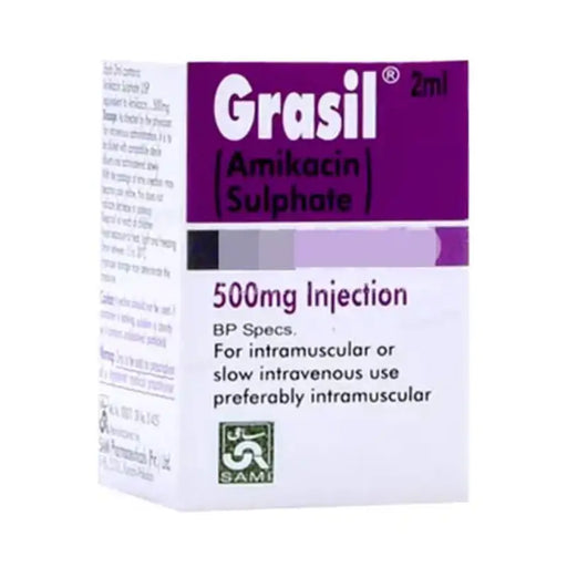 Box of Grasil Amikacin Sulphate 500mg Injection on a white background