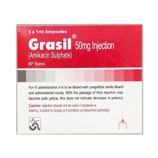 Box of Grasil 50mg Injection with red and white design