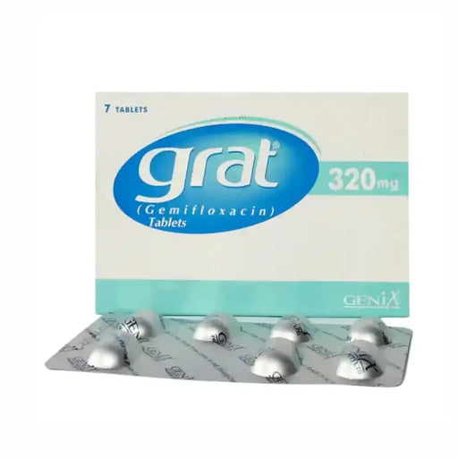 Box of Grat 320mg Gemifloxacin tablets with blister pack on a white background