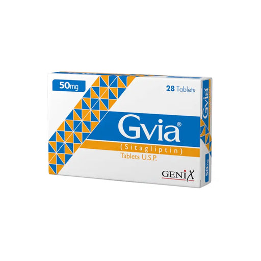 Box of Gvia tablets with blue and orange design on a white background