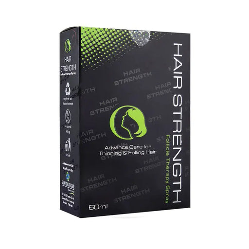 Hair strength supplement box with green and black design on a white background