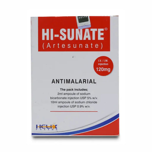 HI-SUNATE antimalarial medication packaging with Helix Pharma branding on a white background