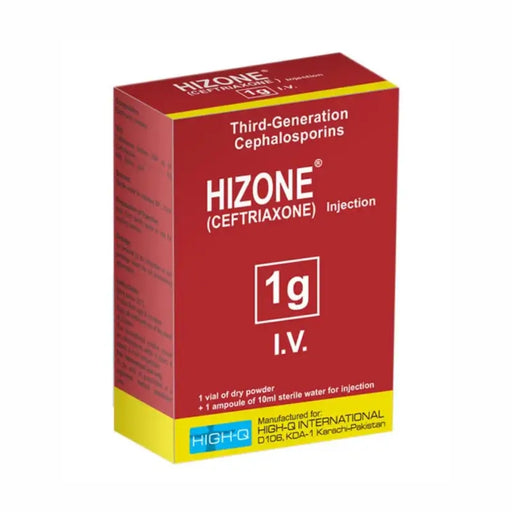 Red box of Hizone Ceftriaxone Injection on a white background