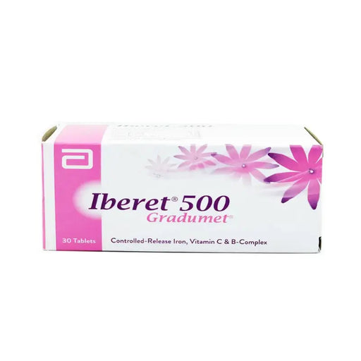 Box of Iberet 500 Gradumet with pink flowers on a white background