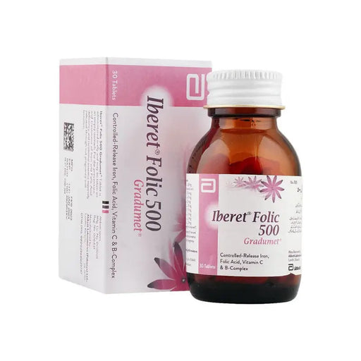 Iberet Folic 500 Gradumet bottle and packaging on a white background