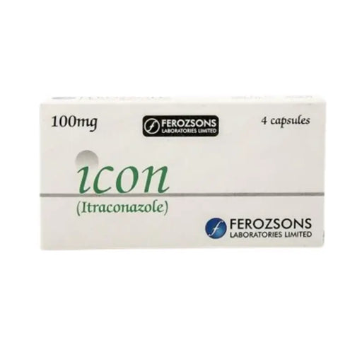 Box of Icon Itraconazole capsules by Ferozsons Laboratories Limited on a white background