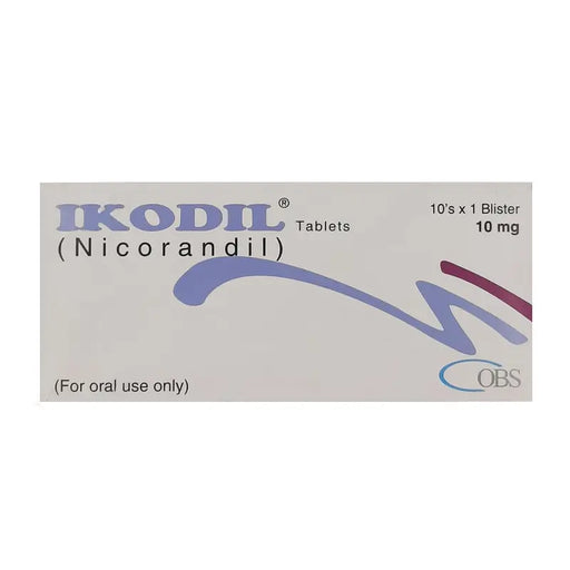 Box of Ikodil (Niconandril) tablets with dosage information on a white background