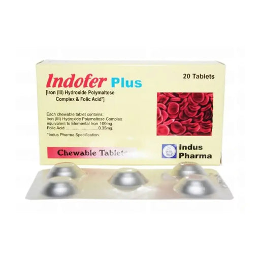 Box of Indofer Plus chewable tablets with Indus Pharma branding on a white background
