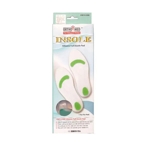 Ortho Med insole packaging with a white insole featuring green accents on a light blue background.