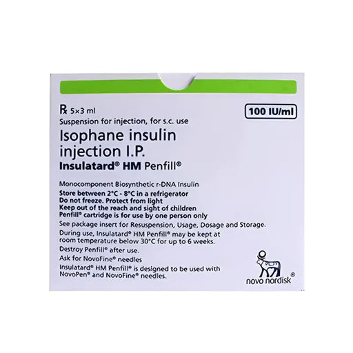 Box of Insulatard HM Penfill 100IU 3ml cartridges with five individual cartridges visible, green caps, white background.