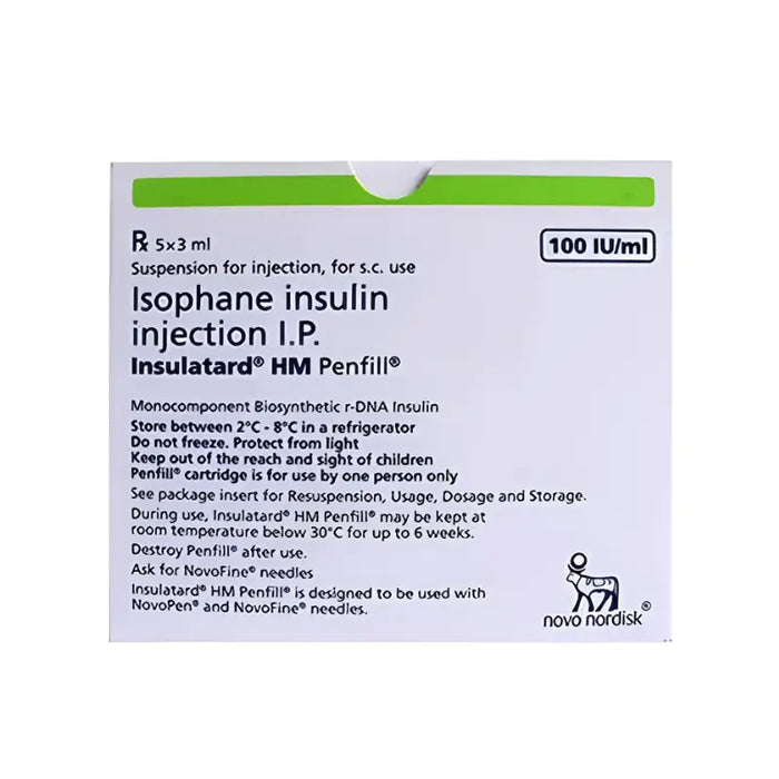 Box of Insulatard HM Penfill 100IU 3ml cartridges with five individual cartridges visible, green caps, white background.