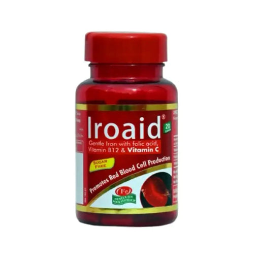 Red bottle of Iroaid supplement on a white background