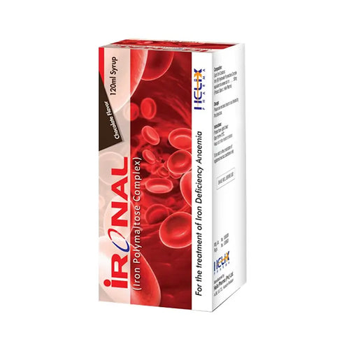 Box of IRNAL syrup with red blood cell illustration on a white background