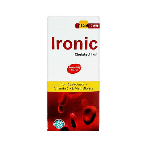 Ironic chelated iron supplement packaging with strawberry flavor on a white background