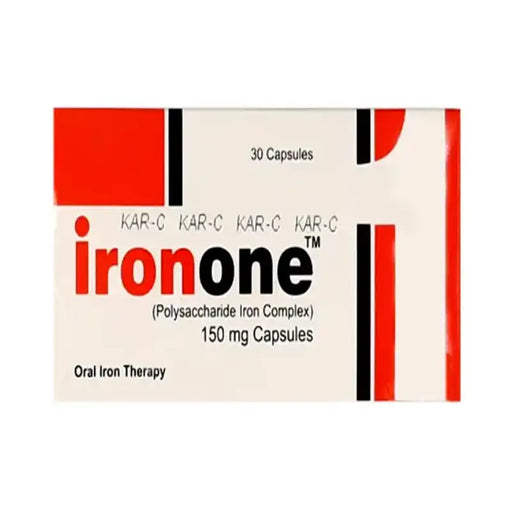 Box of iron supplements labeled 'ironone' on a white background