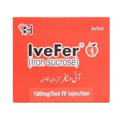 Red box of Ivefer Iron sucrose with branding and product details on a white background