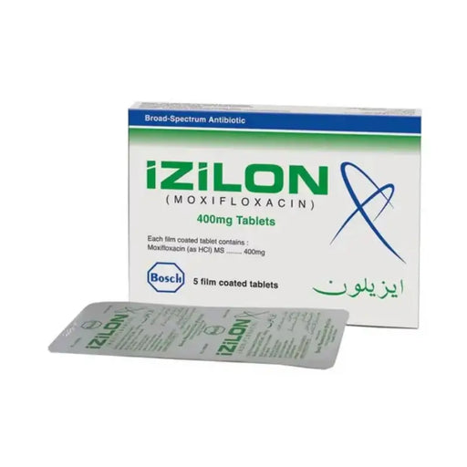 Box and packaging of iZILON (Moxifloxacin) tablets on a white background