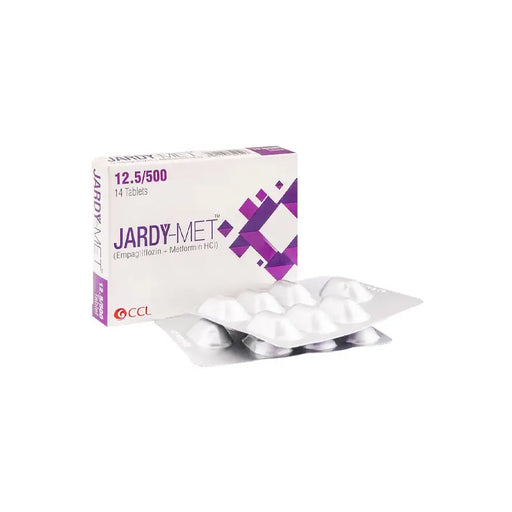Jardy-Met tablet packaging with tablets on a white background