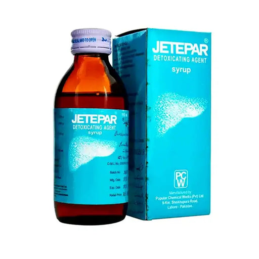 Jetepar detoxifying agent syrup bottle and packaging on a white background
