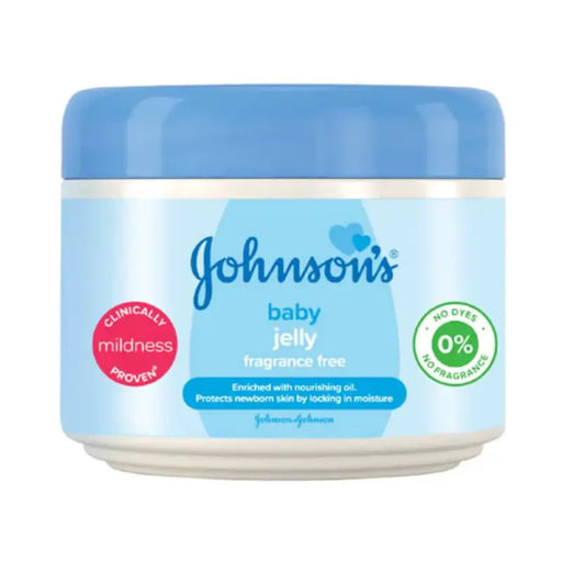 Johnson's baby jelly container with blue lid and label on a white background