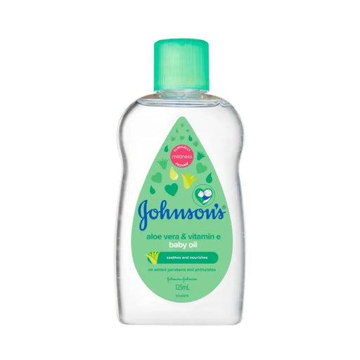 Johnson's baby oil bottle with green label on a white background