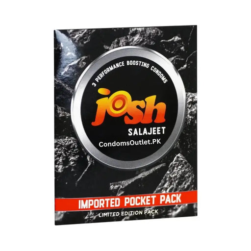 Condom packaging with 'Josh' branding on a black and white textured background