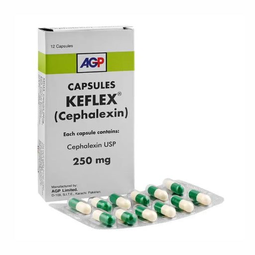 Box of Keflex capsules with green and white packaging on a white background