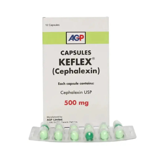 Box of Keflex capsules with green capsules on a white background