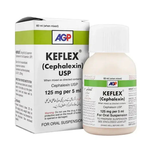 Keflex (Cephalexin) USP packaging with AGP branding on a white background
