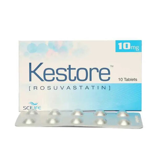 Kestore Rosuvastatin packaging with tablets on a white background