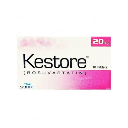 Kestore 20mg Tablet pack – cholesterol-lowering statin medicine.