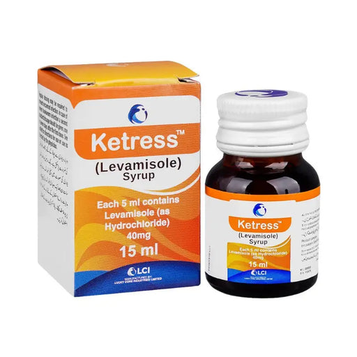 Ketress Levamisole Syrup bottle and packaging on a white background