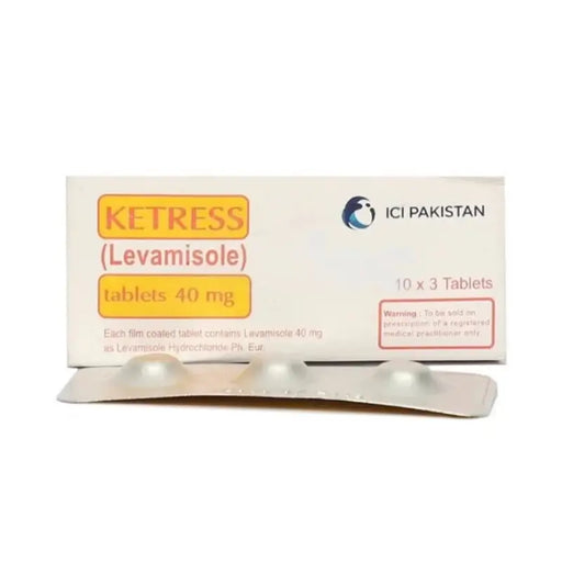 Ketress Levamisole tablets 40 mg packaging with ICI Pakistan branding on a white background