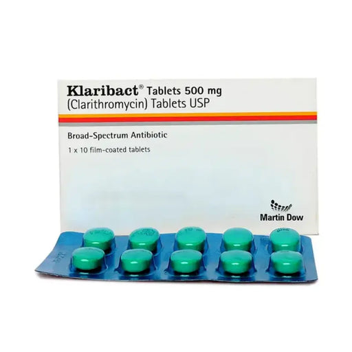 Packaging of Klaribact Tablets 500 mg with green tablets on a white background